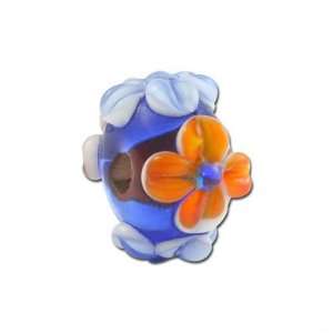 16mm Blue with Blue and Orange Flowers Rondelle Glass Beads Large Hole