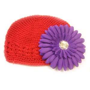 Red Adorable Infant Beanie Kufi Hat Fits 0   9 Months With a 4 Purple 