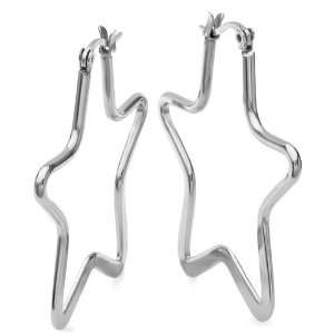 Stainless Steel Ladies Star Shaped Polished Shiny Hoop Earrings (1.25 