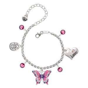 Large Hot Pink & Purple Butterfly Love & Luck Charm Bracelet with Rose 