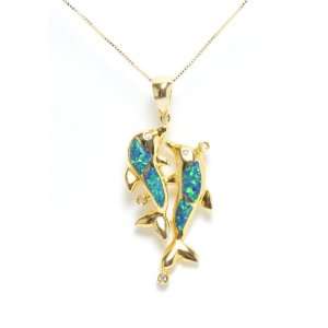  Hawaiian 2 Dolphins Silver Pendant w/ Opal Inlay Jewelry