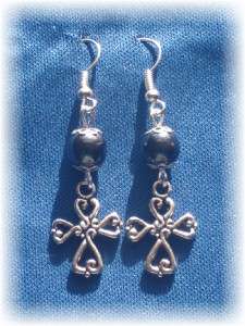 Religious Silver Cross Earrings w/ 8mm Hematite Beads  