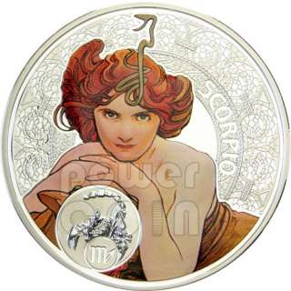 SCORPIO Horoscope Zodiac Mucha Silver Coin 1$ Niue Island 2011  