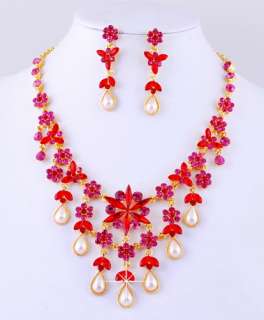 free 6colors floral Tassels imitate pearl Necklace Earring Set gold 