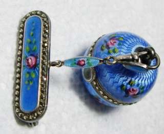   925 Sterling Rose Guilloche Blue Enamel & Marcasite Watch Pin Brooch