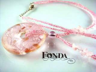 A748 Murano pendant Necklace pink silver foil round  