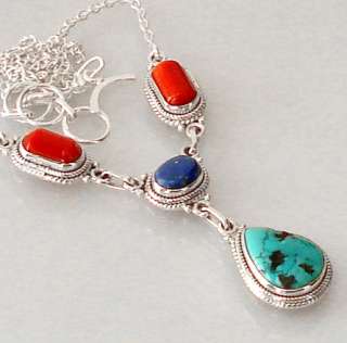 BLUE TURQUOISE LAPIS CORAL 925 STERLING SILVER ARTISAN NECKLACE 17 18 