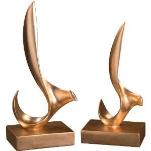  Set of 2 White Gold Leaf Statues