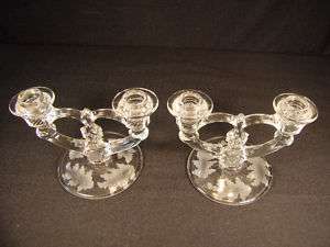 CRYSTAL LEAF ETCHED DOUBLE CANDLE STICKS  