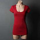 Solid Burgundy Red Casual Scoop Neck Long Stretch Juniors T Shirt Top 