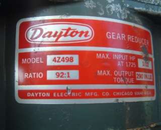 DAYTON DC GEAR SPEED REDUCER 92:1 RATIO   MODEL# 4Z498  