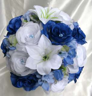   Bouquet Bridal Silk flowers ROYAL LILY PERIWINKLE BLUE17pc package