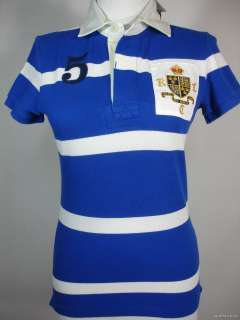   Lauren Misses RUGBY POLO SHIRT Blue White Crest Shield Striped NWT New