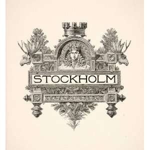  1894 Print Coat Arms Stockholm Sweden Moose Crown Castle 