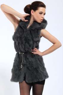 100% Real Genuine Rabbit Fur with Hood Long Vest Gilet Waistcoat Coat 