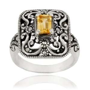  Sterling Silver Marcasite and Citrine Rectangle Frame Ring 