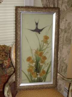 Antique OIL PAINTING on Glass~Swallow~bird~floral~gesso frame  