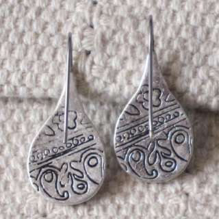   Hook Earrings FS Vintage Silver Tone Printed Floral Tear LB  