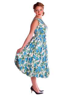 Vintage Sun Dress Cotton Blue/Green Roses Print 1950s M  