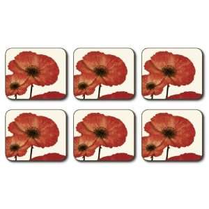   OF 6 WHITE RED POPPY CORK BACKED DRINKS COASTERS MATS 