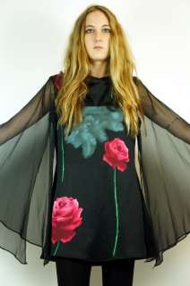 Vtg 70s Blk Floral LARGE PRINT Rose Sheer BELL SLEEVE Mini Dress S/M 