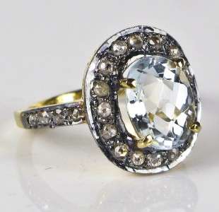   18k Gold/Sterling 2.98ct Genuine Rose Cut Diamonds & Aquamarine Ring