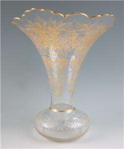 Large Antique Moser Enamel Engraved Cut Glass Vase Bohemian Gold 