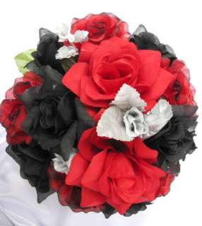 21pc Bridal bouquet wedding flower RED / BLACK / SILVER  