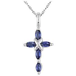 10k White Gold Blue Sapphire Cross Necklace  