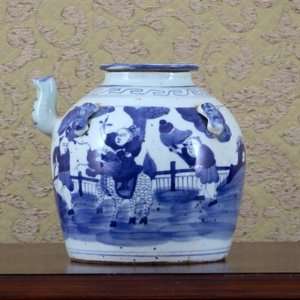  Blue and White Pot & Wine Jar   Classic Type, 6.5 x 6 (in 