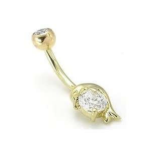   14kt Yellow Gold Single Gem Solitare Baby Dolphin Belly Ring: Jewelry