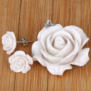   carved rose flower bead pendant stud earrings coral set fashion s2