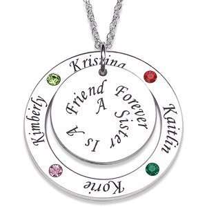   Sterling Silver Sisters Engraved Disc and Birthstone Necklace: Jewelry