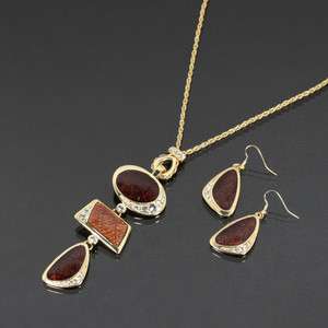 Triple Drop Goldtone Pendant with Rhinestone Necklace & Earring Set 