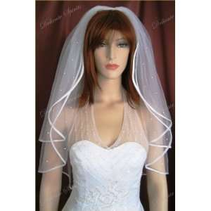   Length Satin Ribbon Hem Scattered Pearl Bridal Wedding Veil Beauty