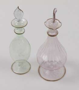 Pair Vintage Handblown Glass Perfume Bottles with Stoppers  