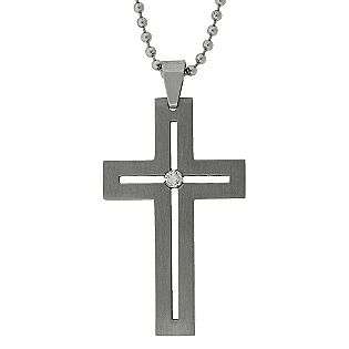 Mens Stainless Steel Cross Pendant With Cz On A 22 Ball chain   