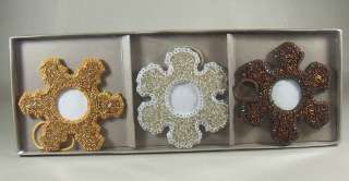   Beaded Picture Frame Christmas Ornaments Set of 3 Brown Silver & Gold