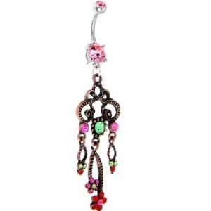   Pink Gem Multi Colored Flower Drop Chandelier Belly Ring Jewelry