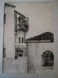 VINTAGE CHARCOAL DRAWING ISRAEL OLD HOUSES Signed 1969  