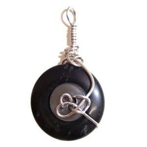 : Onyx Pendant 04 Black Gray Button Silver Wire Crystal Healing Stone 