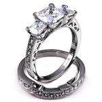 Three Princess Cut CZ Stone Sterling Silver Wedding Ring Set  