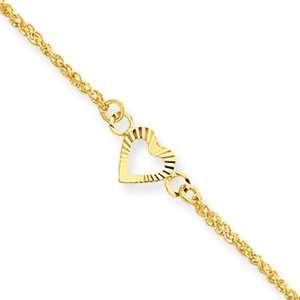  14 Karat Gold Diamond cut Heart Anklet with Extension   10 