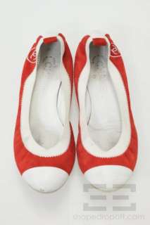Chanel Red Suede & White Leather Ballet Flats Size 37, In Box  