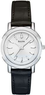 Bulova Ladies Dress Watch Silver Dial Black Leather Strap 96L129 