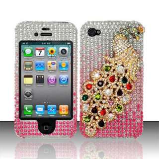   iPhone 4 4S AT&T Phone 3D Golden Peacock Pink Crystal Stone Case Cover