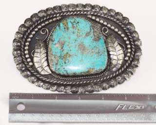 HUGE Vintage Turquoise Sterling Silver Belt Buckle Wide Signed ROY 9.8 