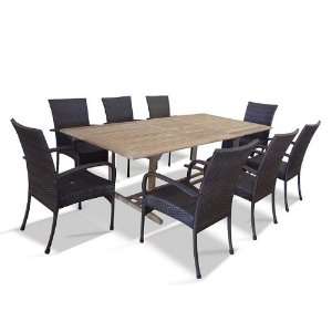  Outdoor Nine Piece Wood Dining Set with Rectangular Extension Table 
