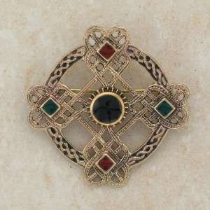 Celtic Weave Bronze Irish Brooch w/ Carnelian, Onyx and Green Agate 