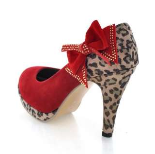 Bowknot Womens Leopard Base Pumps Red High Heel Shoes  